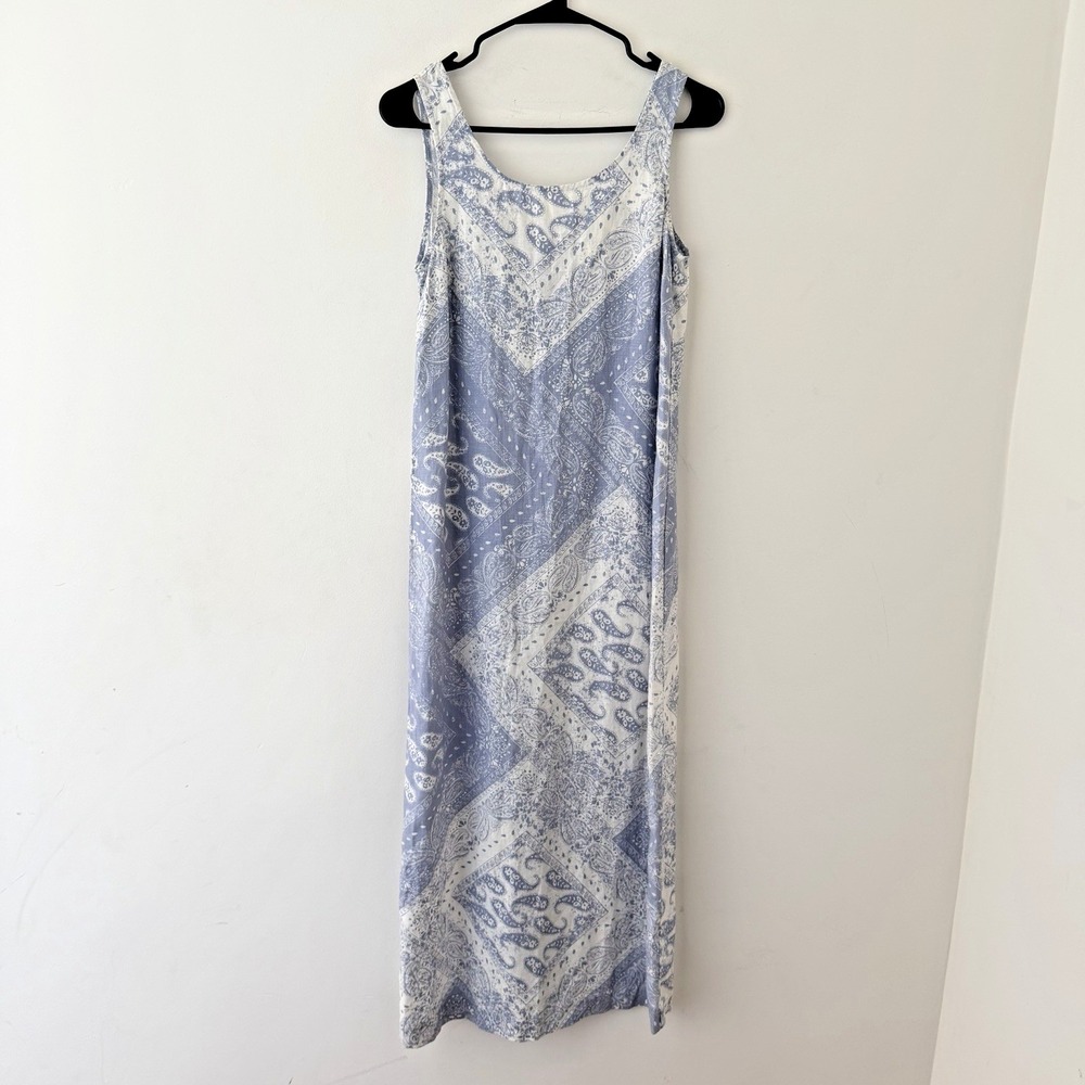 Linen Shift Maxi Dress Women Sz XS Blue Paisley Print Button Back Coastal Beach‎